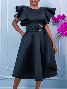 Elegant black midi dress featuring ruffle cap sleeves and a belted waist with gold buckle