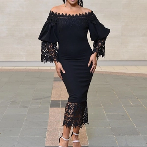 Women Elegant Off Shoulder Puff Sleeve Lace Patchwork Bodycon Midi Dress For Banquet Party Evening Formal Slim Fit Pencil Dress