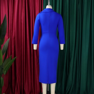 Détail de la robe moulante bleu roi montrant la fermeture éclair invisible et la fente