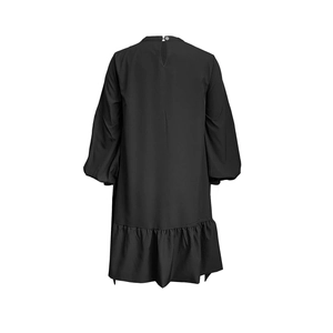 Detail view of the teardrop back opening with button closure and lantern sleeves on a dress