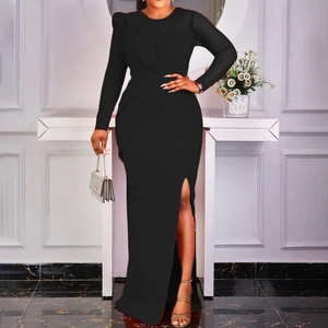 Elegant black long-sleeved dress with mesh patchwork, high slit, and pleated waist detail