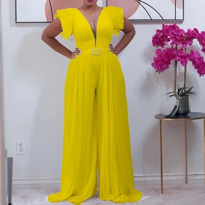 Bright yellow deep V-neck jumpsuit with pleated flutter sleeves and belted wide-leg pants