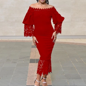 Elegant dark red off-shoulder lace patchwork midi dress with puff sleeves and slim fit