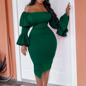 Elegant dark green off-shoulder dress with bell sleeves and asymmetric hemline cut
