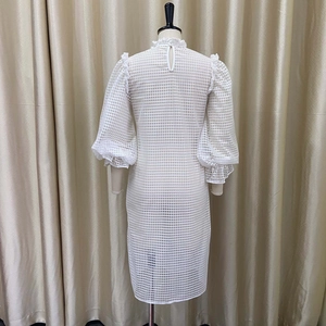 Detailed view of white mesh dress texture with puff sleeves and ruffled stand-up collar