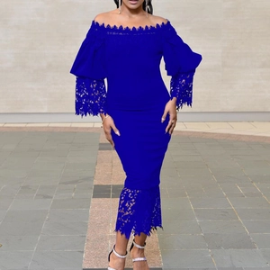 Elegant royal blue off-shoulder lace patchwork bodycon evening dress with bubble sleeves
