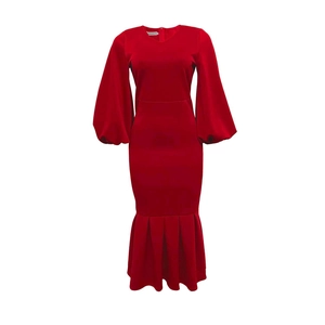 Detailed view of the red V-neck maxi dress featuring dramatic lantern sleeves and fishtail hem