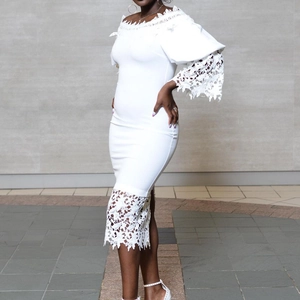 Elegant white off-shoulder lace patchwork bodycon midi dress for cocktail party