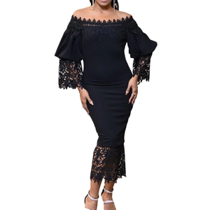 Elegant off-shoulder black bodycon dress with lace trim and retro lantern sleeves