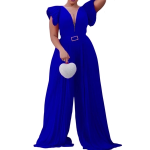 Women's deep V-neck royal blue wide-leg jumpsuit with mesh stitching and gold buckle belt
