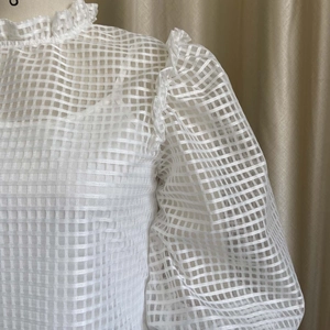 Detail of white translucent grid fabric with ruffled neckline and puff sleeve texture