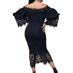 Detailed back view of black off-shoulder lace dress with slit and invisible zipper
