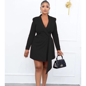 Elegant black long sleeve blazer dress with belted waist and sophisticated slim fit