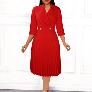 Damen Elegant Anzugkragen V-Ausschnitt Dreiviertelarm Plissee Midi Kleid Professionell Einfarbig Hohe Taille A-Linie Party Kleid