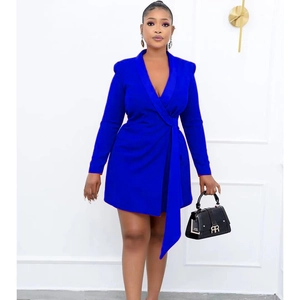 Elegant royal blue slim fit blazer dress with long sleeves and waist tie belt