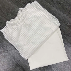 Detail of white two-piece set featuring sheer checkered puff sleeves and ruffled neckline