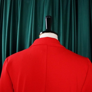 Detailansicht von Kragen und Rückennaht des eleganten roten Blazerkleides auf einer Puppe