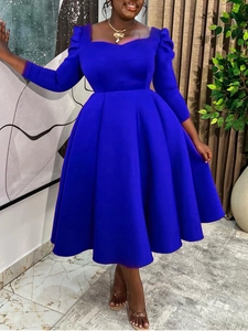 Damen Elegant Eckiger Ausschnitt Puffärmel Hohe Taille A-Linie Kleid Einfarbig Party Bankett Abend Midi Kleid