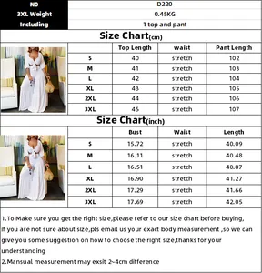 Tabella taglie per completo due pezzi donna con misure dalla S alla 3XL in cm e pollici