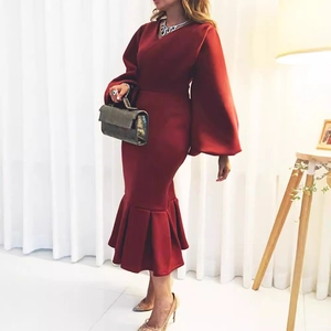 Elegant burgundy V-neck midi dress with lantern sleeves and pleated fishtail hem