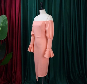 Detail of coral off-shoulder slim dress featuring elegant flare sleeves and ruffles