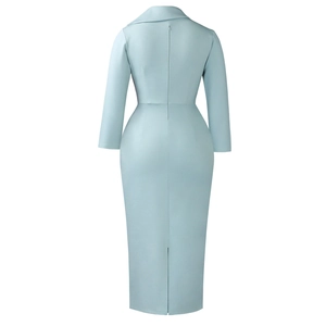 Détail de la robe crayon bleu clair avec fente à l'arrière et fermeture éclair invisible