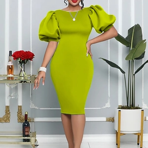 Robe Midi Moulante Élégante Pour Femmes Manches Bouffantes Couleur Unie Col Rond Coupe Ajustée Sexy Banquet Fête Cocktail