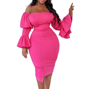 Elegant rose pink off-shoulder bodycon dress with flared bell sleeves and asymmetric hem