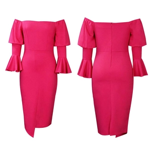 Detail of rose pink off-shoulder dress with bell sleeves and asymmetric hemline