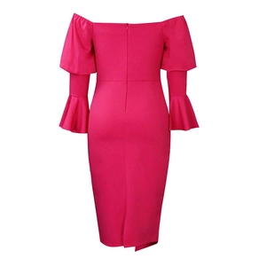 Rear view of rose red off-shoulder slim fit dress featuring flared sleeves and hidden zipper