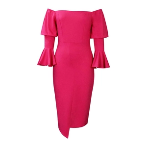 Detail of off-shoulder magenta dress featuring layered ruffle sleeves and asymmetric hemline