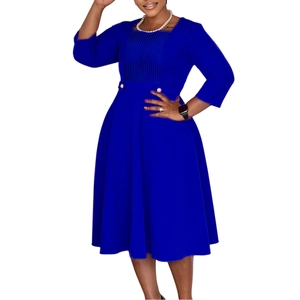 Detail of square neck and pleated bodice on a royal blue A-line midi dress for women