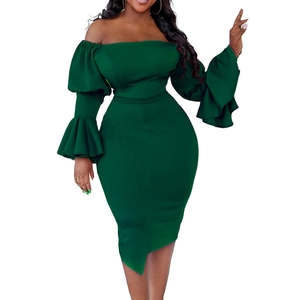 Detail of elegant off-shoulder dark green dress with triple-layered bell sleeves