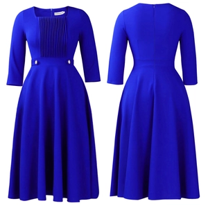 Front and back detail of royal blue square neck midi dress with pleats and gold buckles