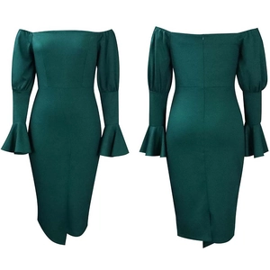 Detailed front and back view of dark green off-shoulder dress with bell sleeves