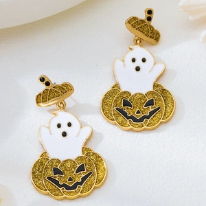 Detail of Halloween ghost and gold glitter pumpkin drop earrings with enamel finish