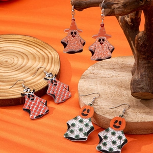 Three pairs of Halloween ghost acrylic earrings with wizard hat and pumpkin designs