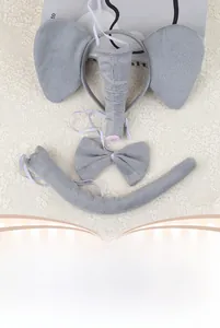 Detailed view of grey plush elephant costume set including headband ears nose and tail