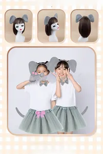 Detail of gray plush elephant costume set for kids including headband and tutu skirt