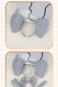 Detailed set of grey elephant ears headband, matching bow tie and plush long tail accessory