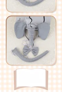 Three-piece gray plush elephant costume set including headband, bow tie, and tail