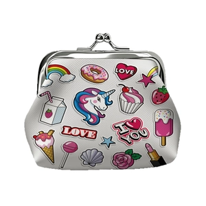 Mini unicorn coin purse with metal clasp and colorful cartoon prints on white PU leather