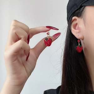 French vintage strawberry earrings with red and green rhinestones in gold setting