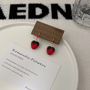 French vintage strawberry earrings with red rhinestones and gold leaf hooks for women