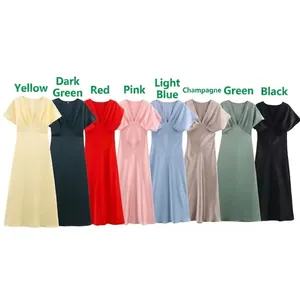 Elegantes V Ausschnitt Satin Midi Kleid Kurze Flatterärmel Hohe Taille Einfarbig Schlankes Formelles Partykleid Für Damen
