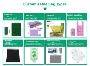 Detailed overview of biodegradable pet waste bags in various sizes and custom roll formats