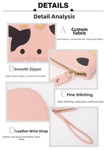 Macro view of pink leather cartoon wallet fabric, metal zipper, and stitching details