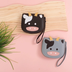 Cute Cartoon Cow Small Wallet PU Leather Coin Purse With Wrist Strap Zipper Pocket For Women Girls Students
