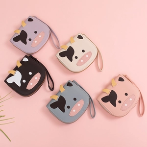 Cute cartoon cow mini coin purses in five colors with wrist straps and zippers