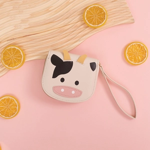 Cartoon cow pattern mini wallet in cream leather with wrist strap and zipper closure